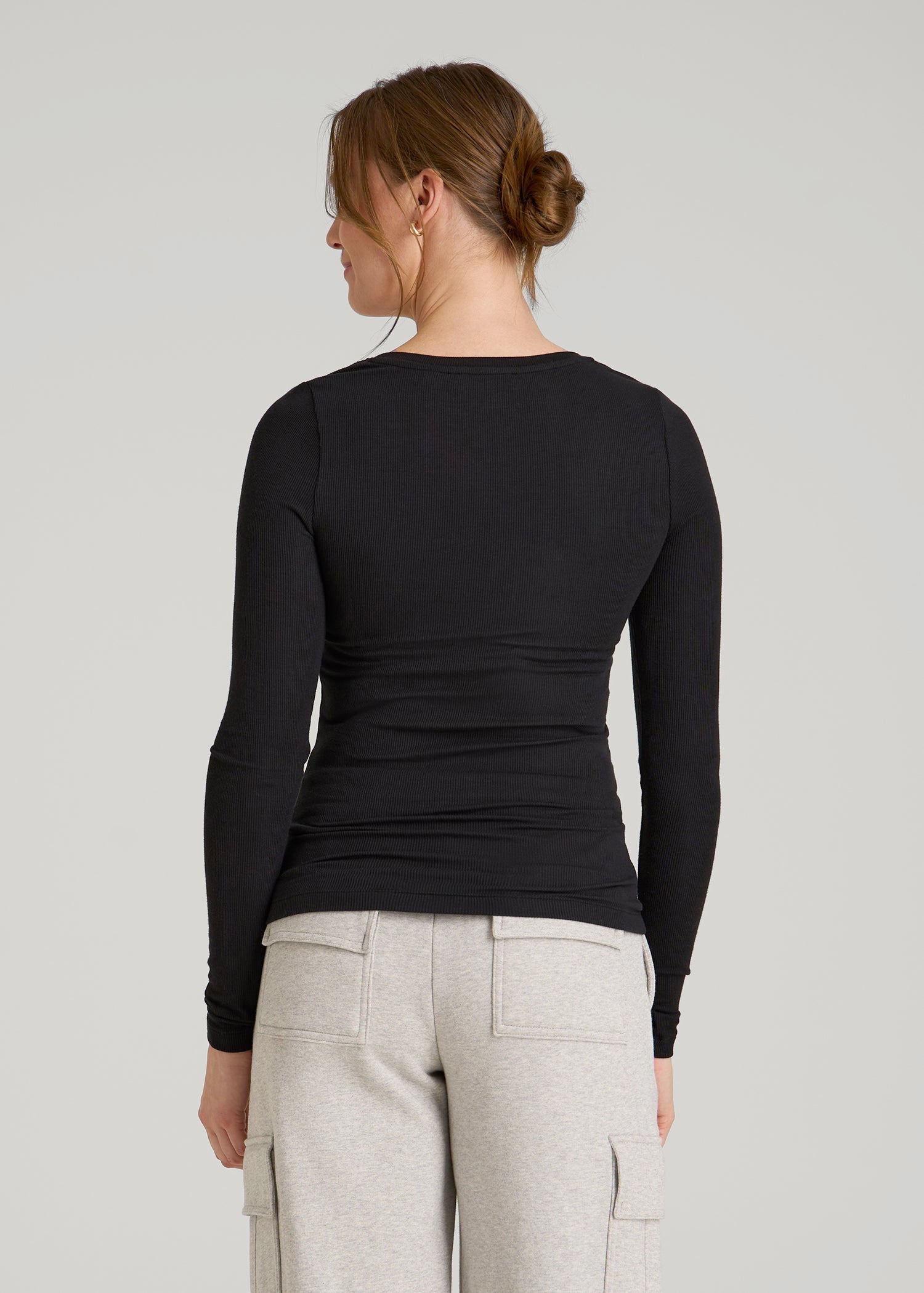 American Tall Women Fitted Ribbed Long Sleeve Henley for Tall Women in Black