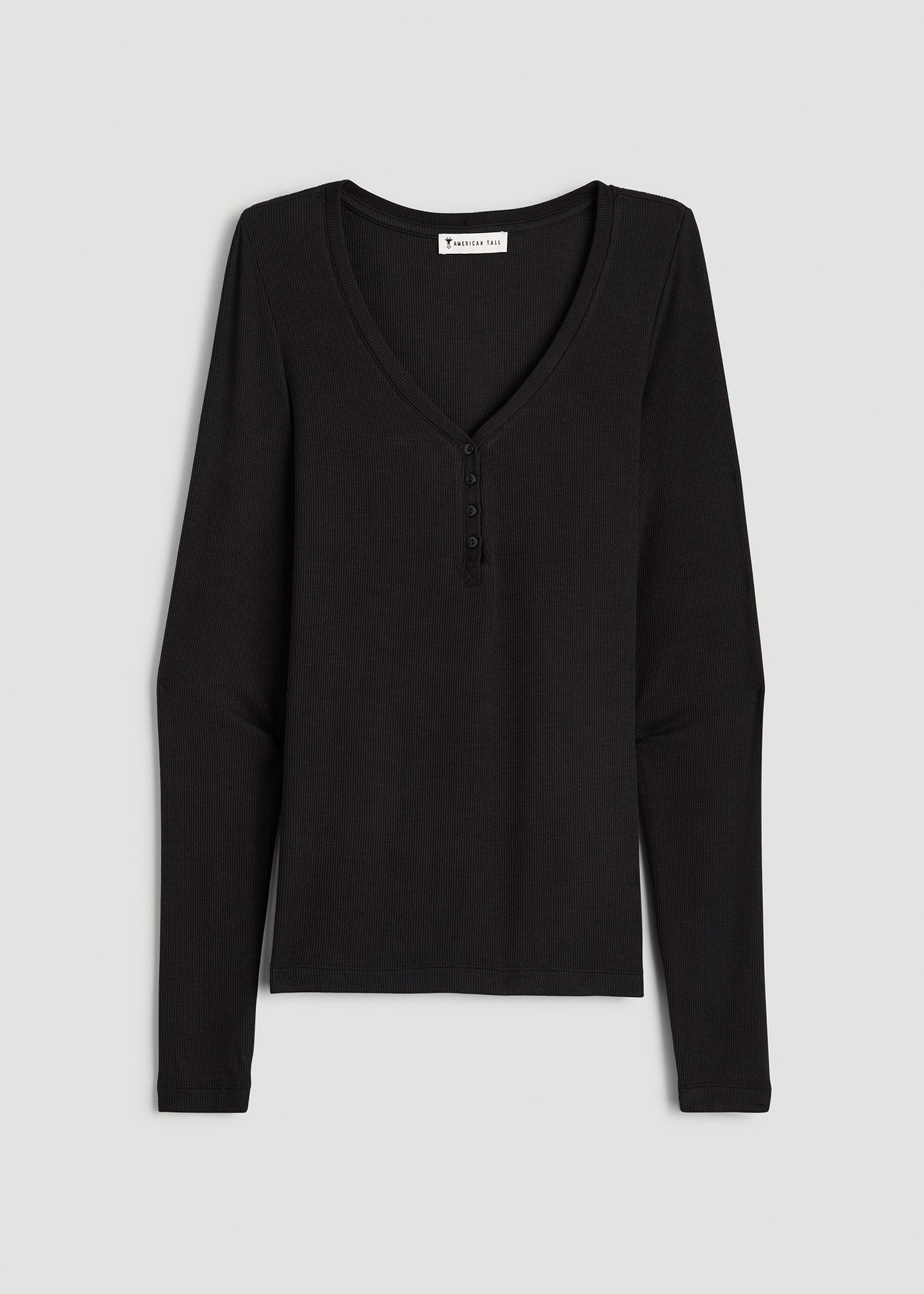 American Tall Women Fitted Ribbed Long Sleeve Henley for Tall Women in Black
