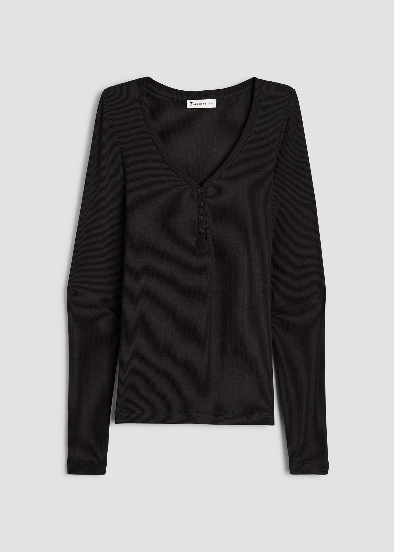 American Tall Women Fitted Ribbed Long Sleeve Henley for Tall Women in Black