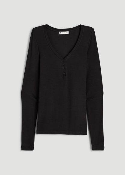 American Tall Women Fitted Ribbed Long Sleeve Henley for Tall Women in Black