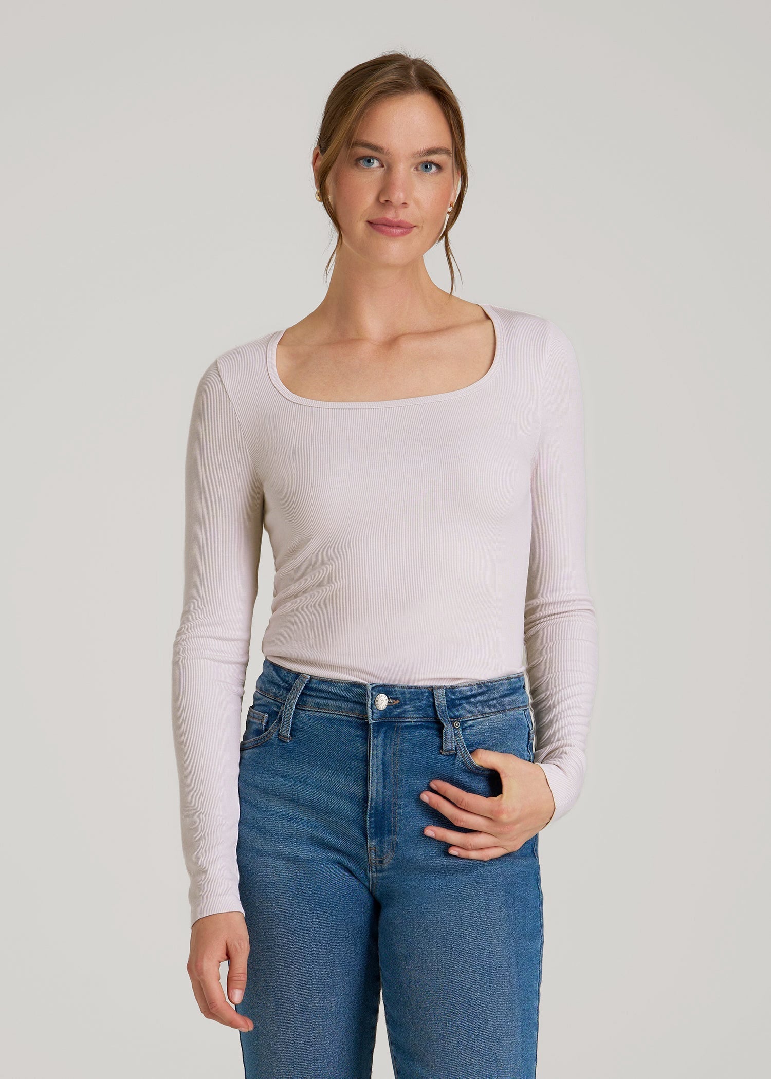 American Tall Women Long Sleeve Ribbed Square Neck Top for Tall Women in Grey Lilac