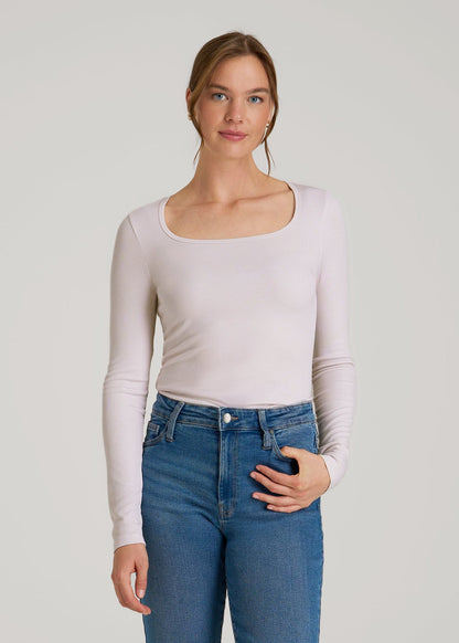 American Tall Women Long Sleeve Ribbed Square Neck Top for Tall Women in Grey Lilac