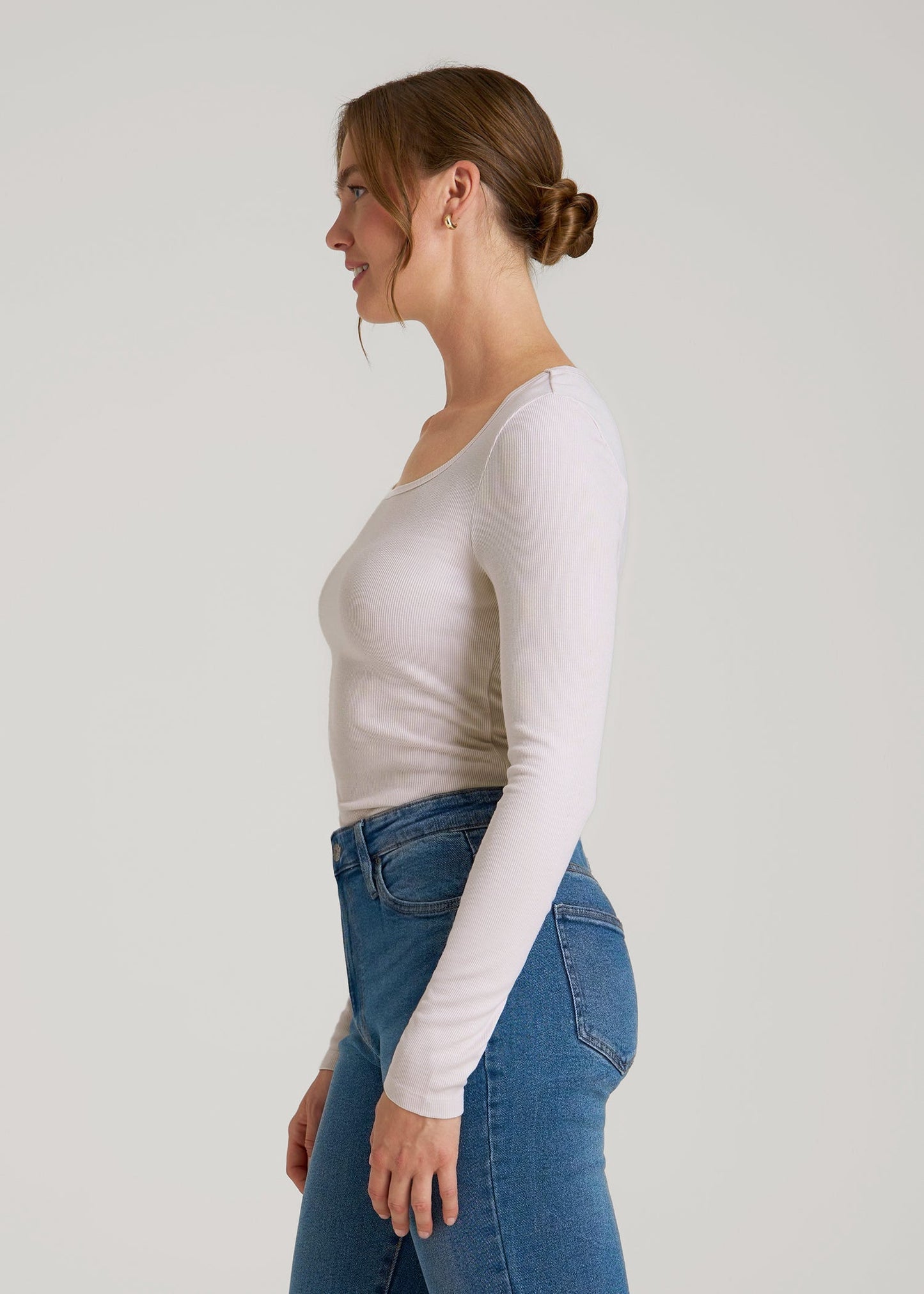 American Tall Women Long Sleeve Ribbed Square Neck Top for Tall Women in Grey Lilac