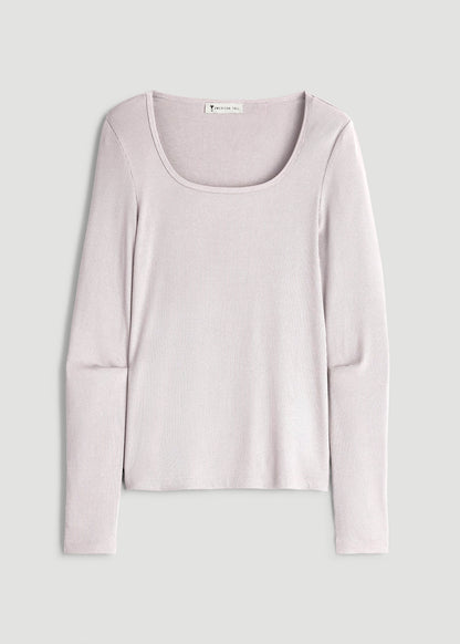 American Tall Women Long Sleeve Ribbed Square Neck Top for Tall Women in Grey Lilac