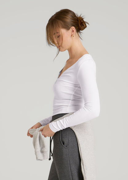 American Tall Women Fitted Ribbed Long Sleeve Henley for Tall Women in White