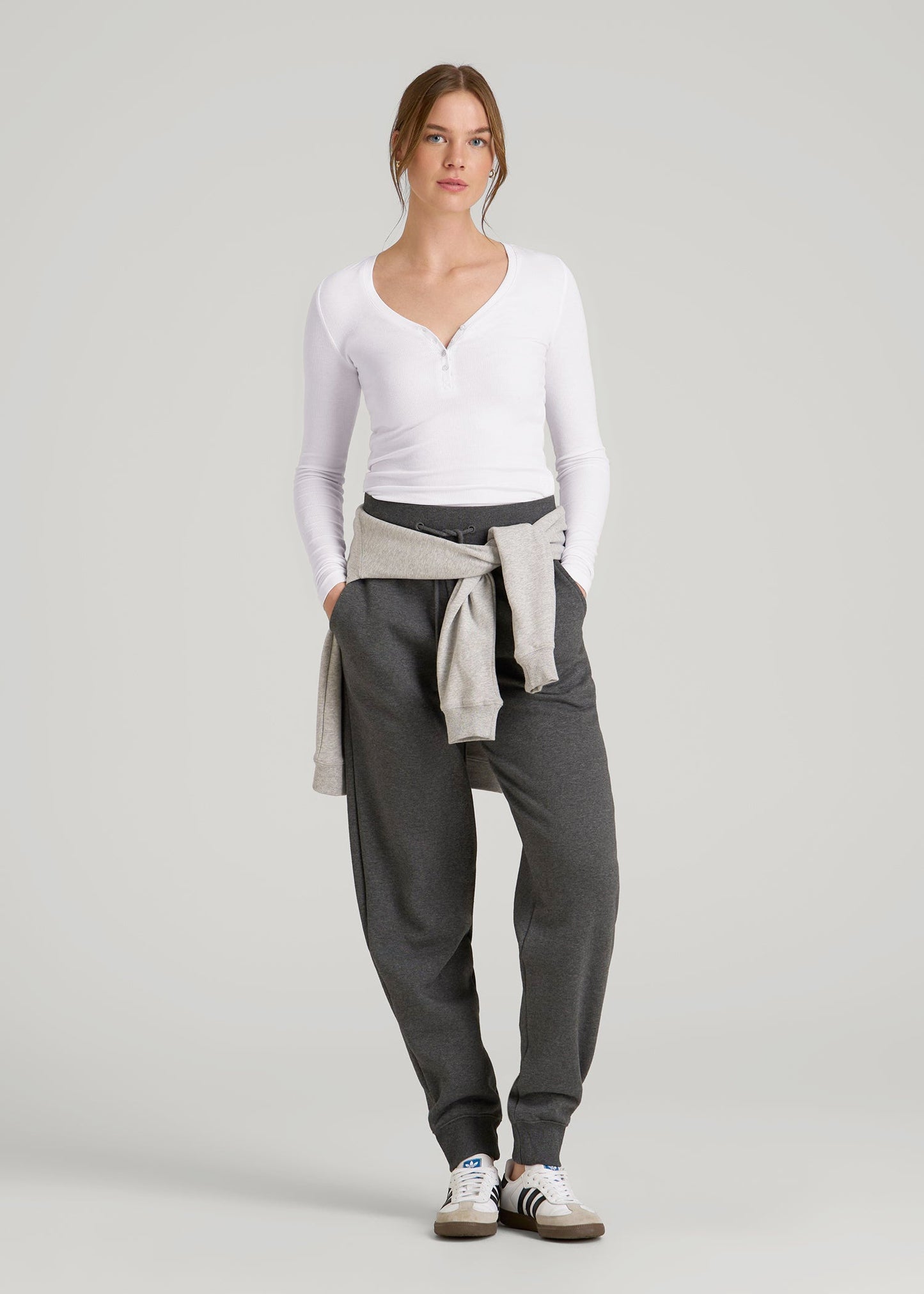 American Tall Women Fitted Ribbed Long Sleeve Henley for Tall Women in White