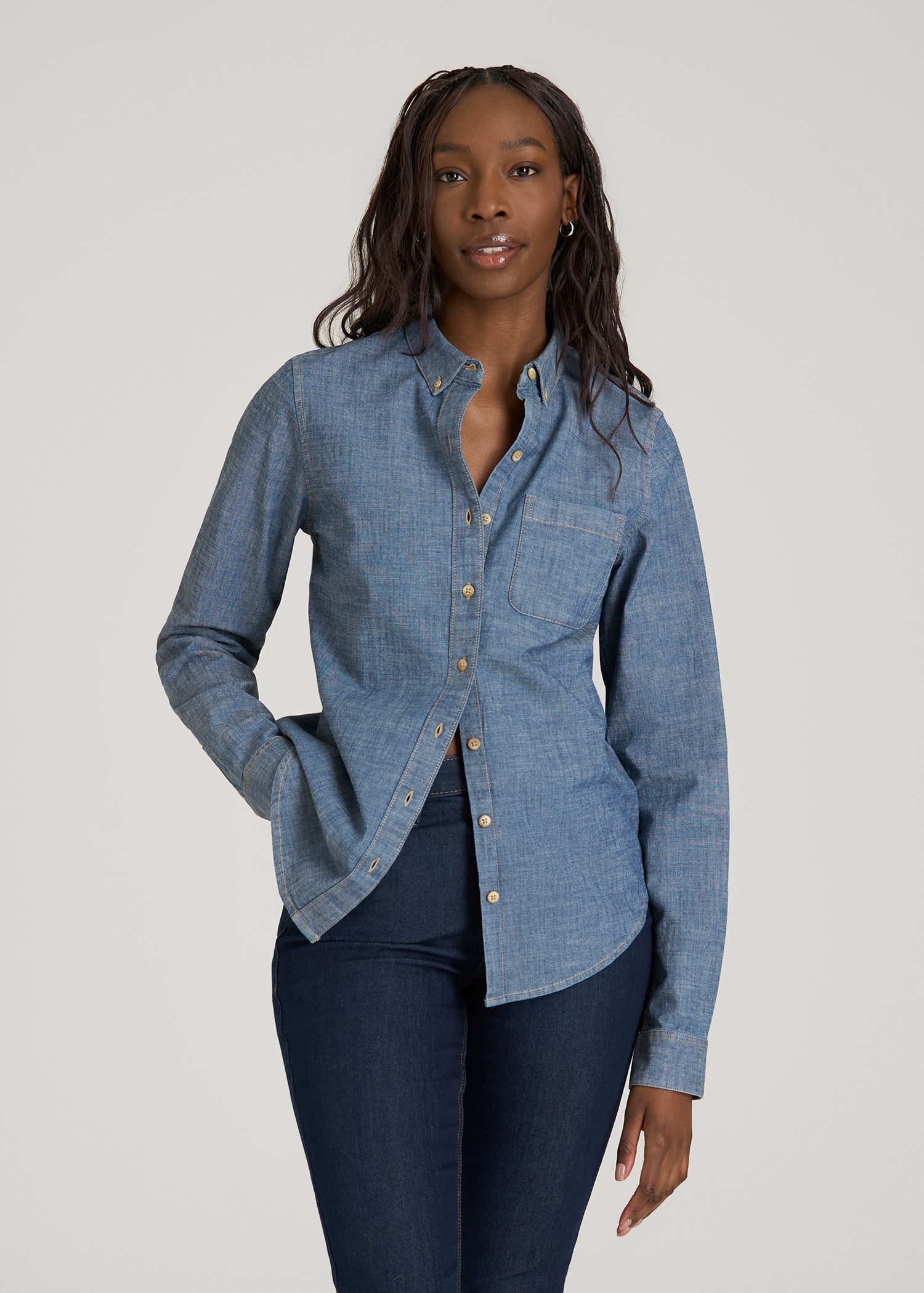 American Tall Women Stretch Chambray Shirt for Tall Women in Mid Blue Chambray
