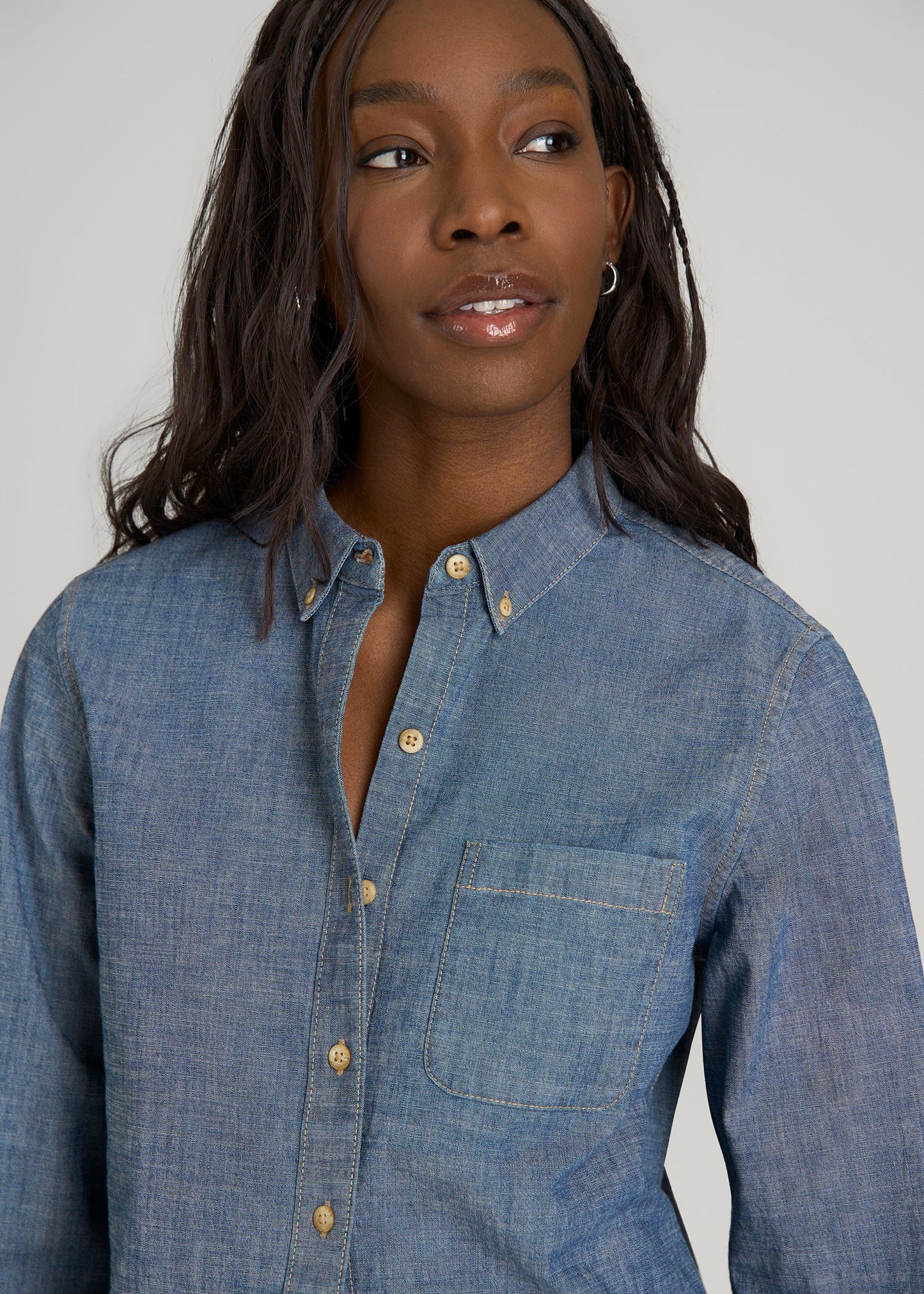 American Tall Women Stretch Chambray Shirt for Tall Women in Mid Blue Chambray
