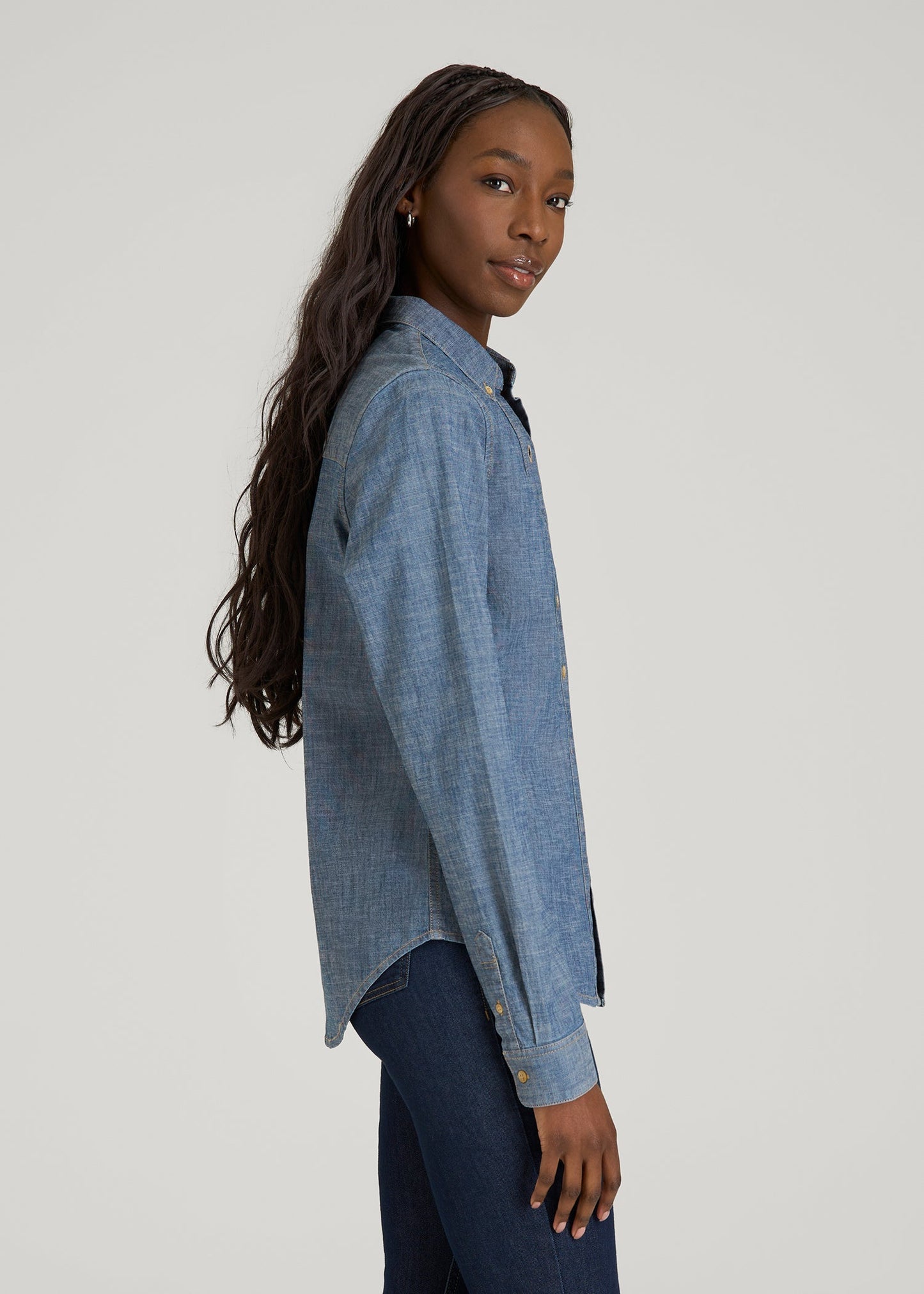 American Tall Women Stretch Chambray Shirt for Tall Women in Mid Blue Chambray