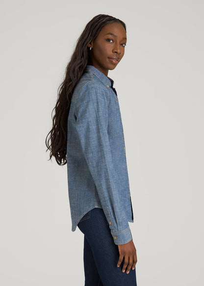 American Tall Women Stretch Chambray Shirt for Tall Women in Mid Blue Chambray