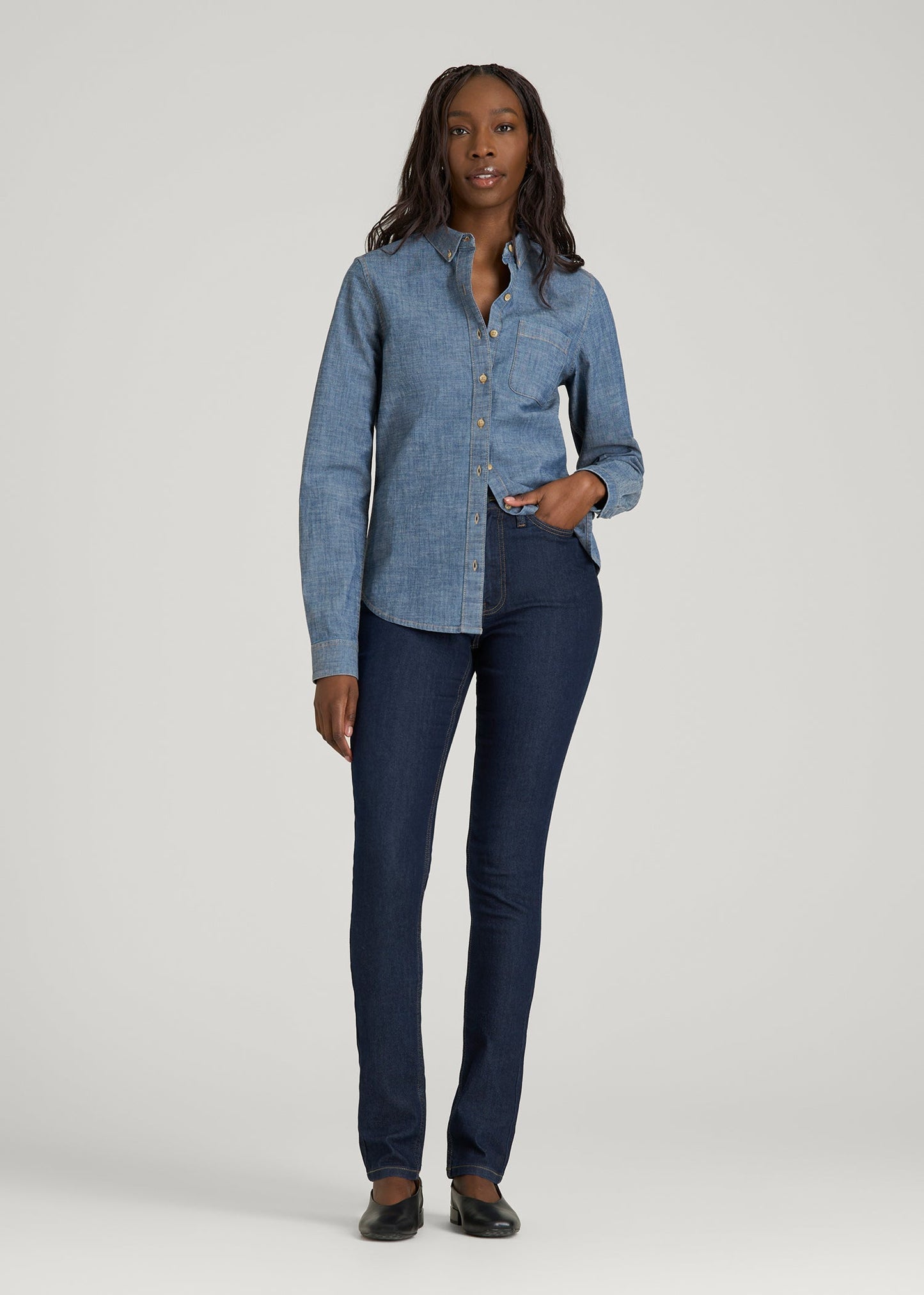 American Tall Women Stretch Chambray Shirt for Tall Women in Mid Blue Chambray