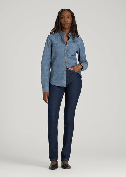 American Tall Women Stretch Chambray Shirt for Tall Women in Mid Blue Chambray