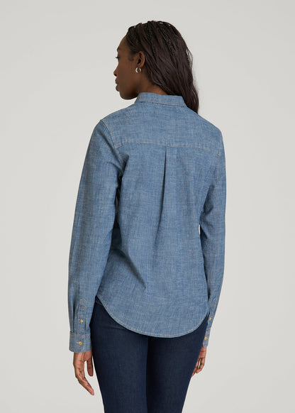 American Tall Women Stretch Chambray Shirt for Tall Women in Mid Blue Chambray