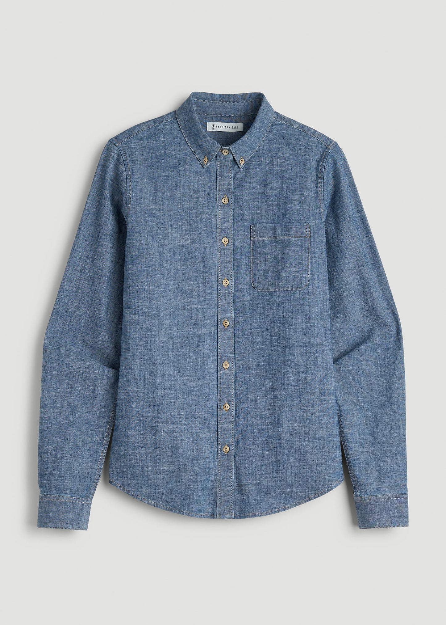 American Tall Women Stretch Chambray Shirt for Tall Women in Mid Blue Chambray