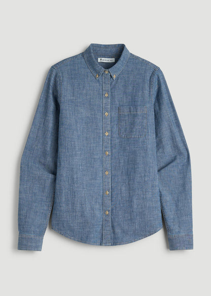 American Tall Women Stretch Chambray Shirt for Tall Women in Mid Blue Chambray