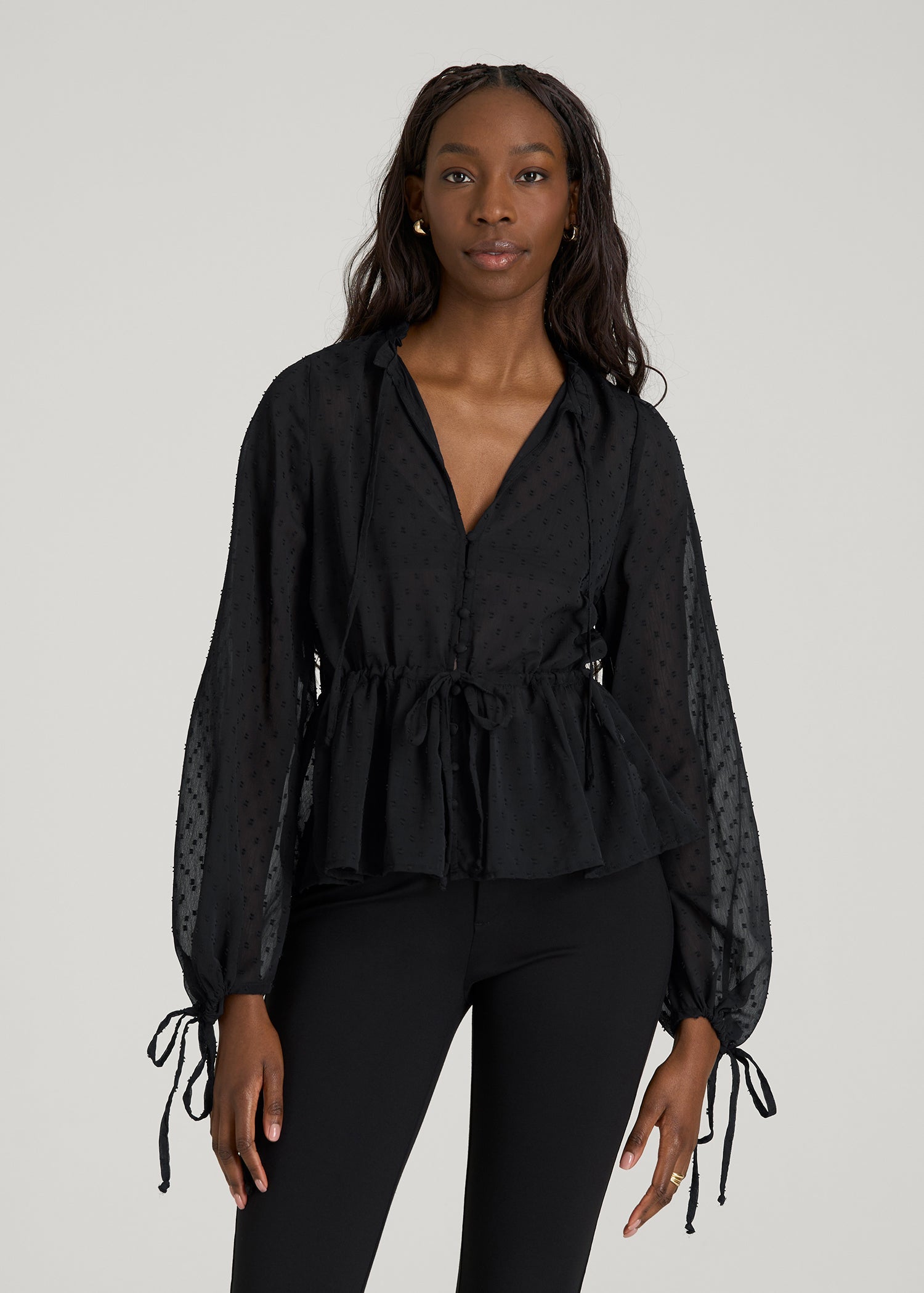 American Tall Women Peasant Chiffon Blouse for Tall Women in Black