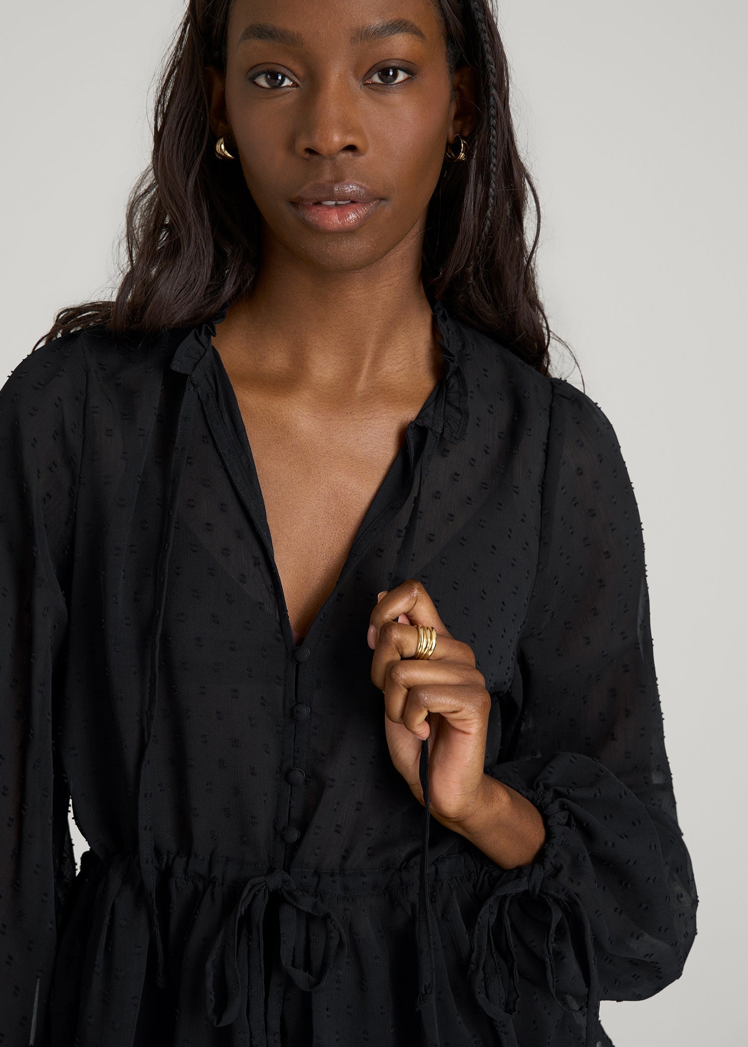 American Tall Women Peasant Chiffon Blouse for Tall Women in Black
