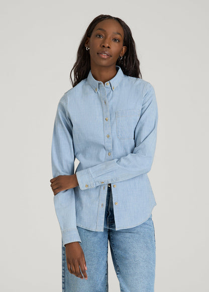 American Tall Women Stretch Chambray Shirt for Tall Women in Light Blue Chambray