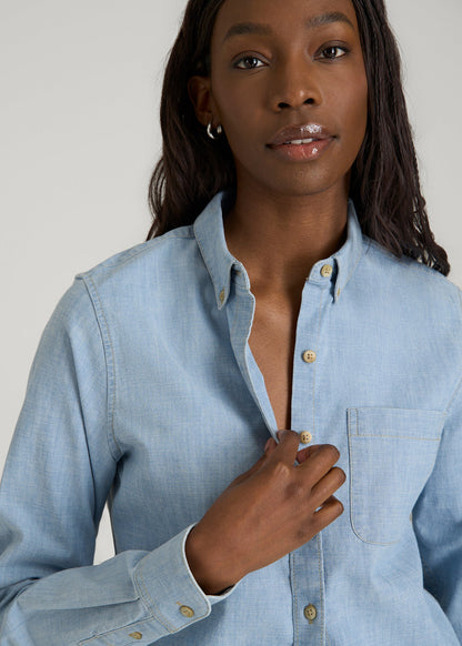 American Tall Women Stretch Chambray Shirt for Tall Women in Light Blue Chambray