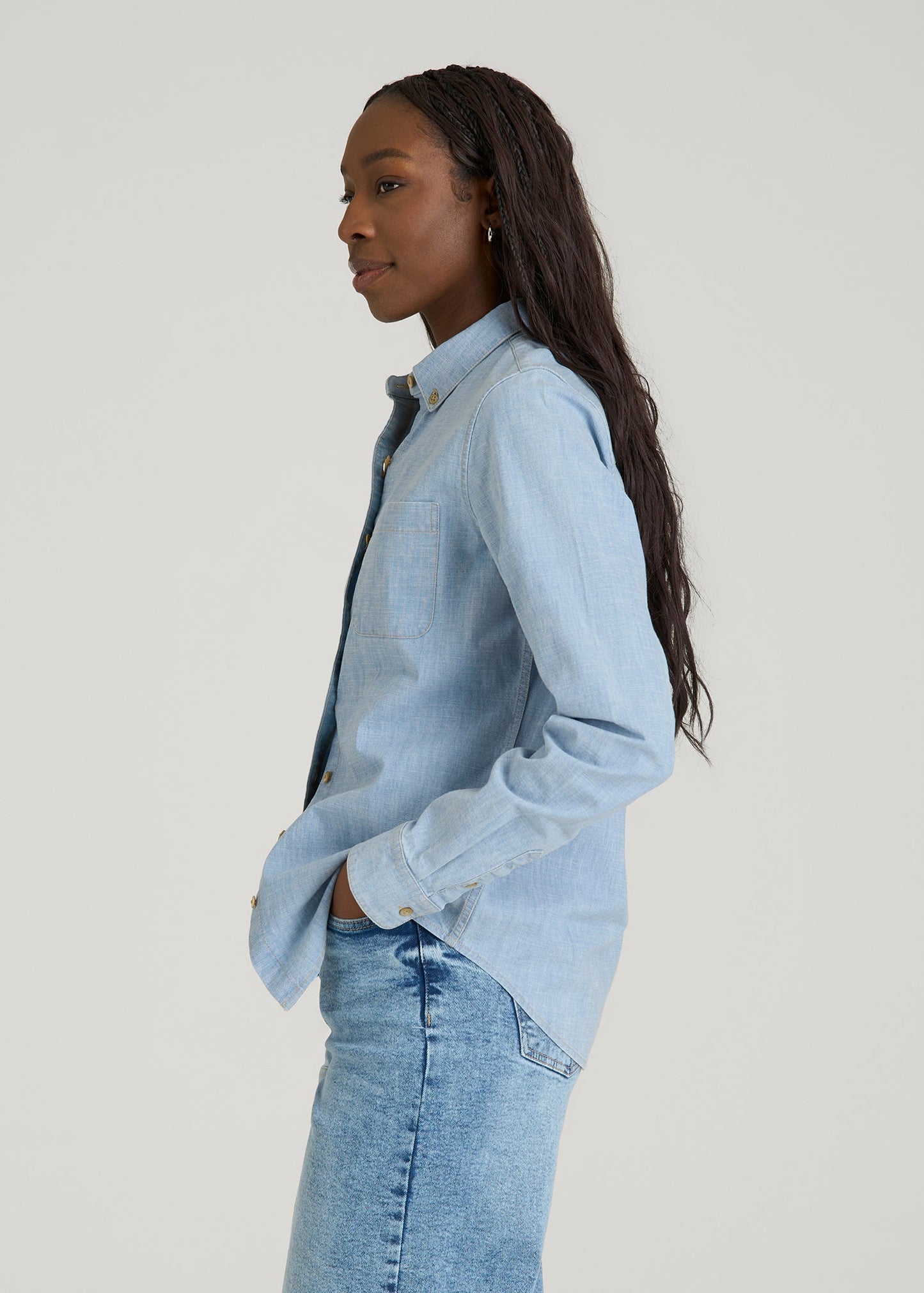 American Tall Women Stretch Chambray Shirt for Tall Women in Light Blue Chambray