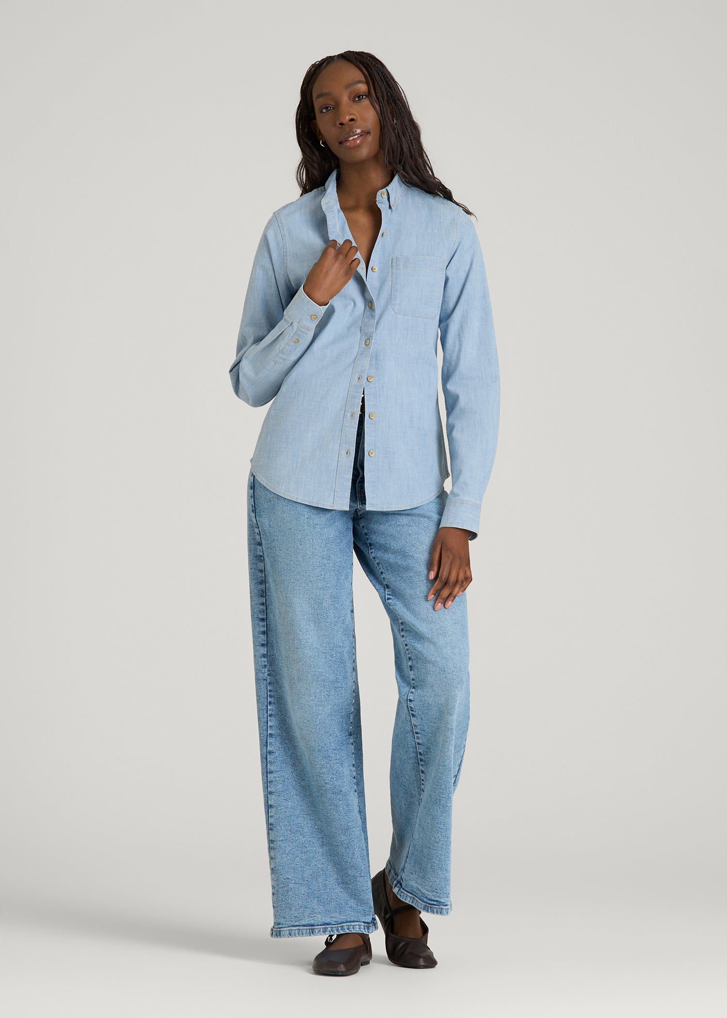 American Tall Women Stretch Chambray Shirt for Tall Women in Light Blue Chambray