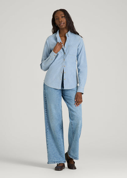 American Tall Women Stretch Chambray Shirt for Tall Women in Light Blue Chambray
