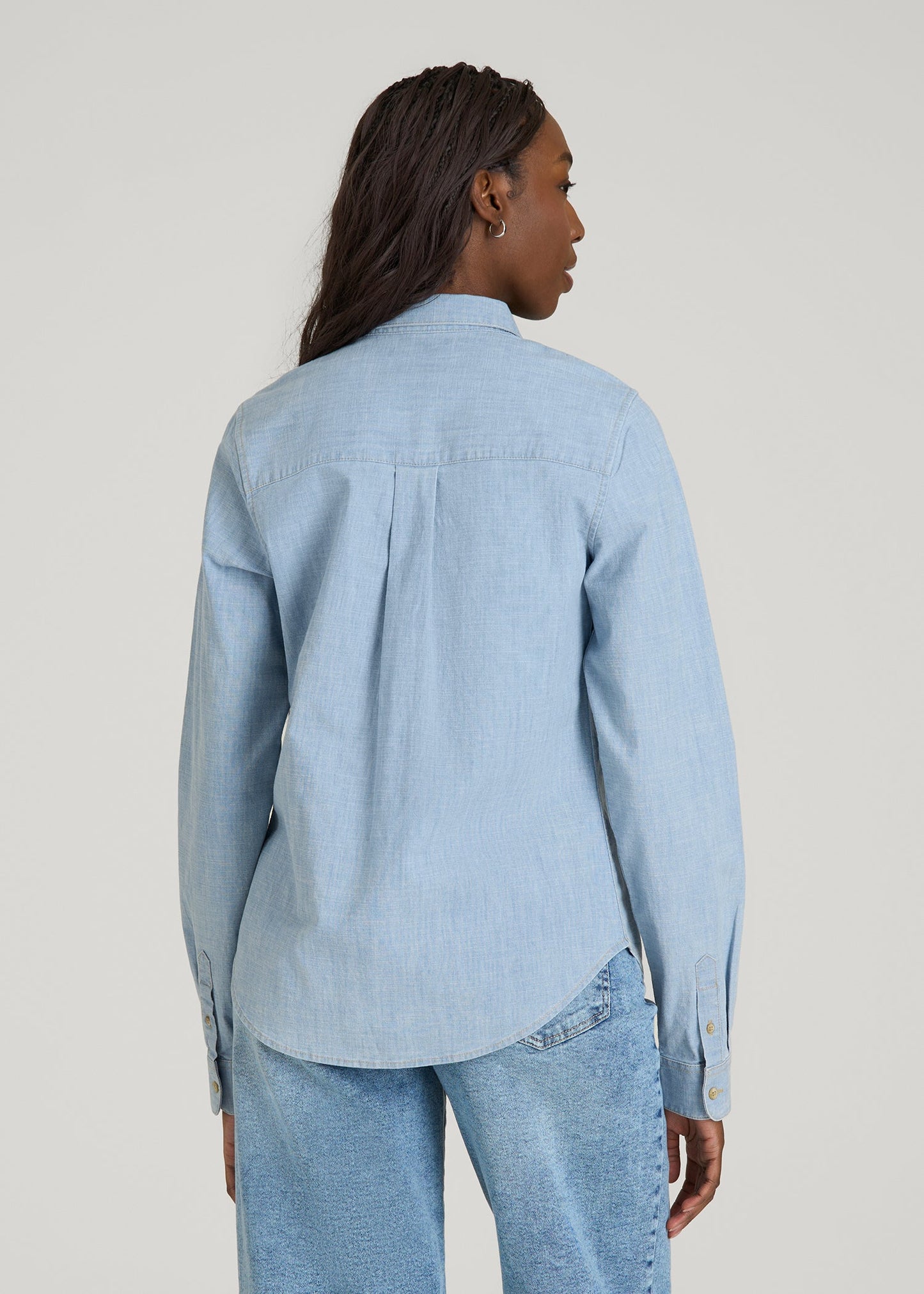 American Tall Women Stretch Chambray Shirt for Tall Women in Light Blue Chambray