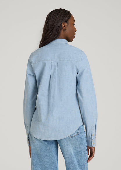 American Tall Women Stretch Chambray Shirt for Tall Women in Light Blue Chambray