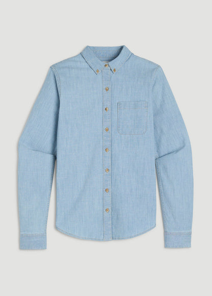American Tall Women Stretch Chambray Shirt for Tall Women in Light Blue Chambray