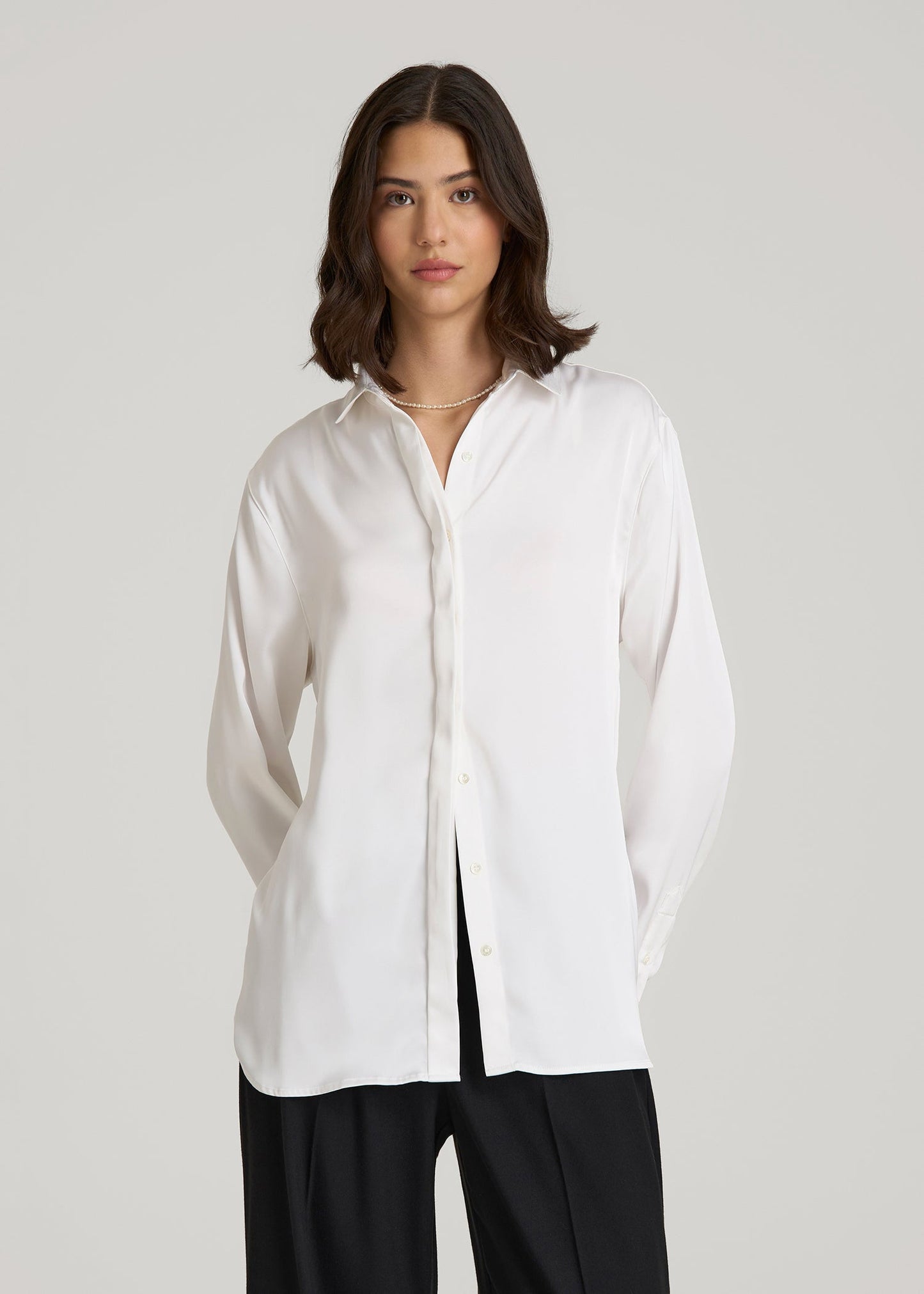 American Tall Women Relaxed Button-Up Blouse for Tall Women in Pearl White