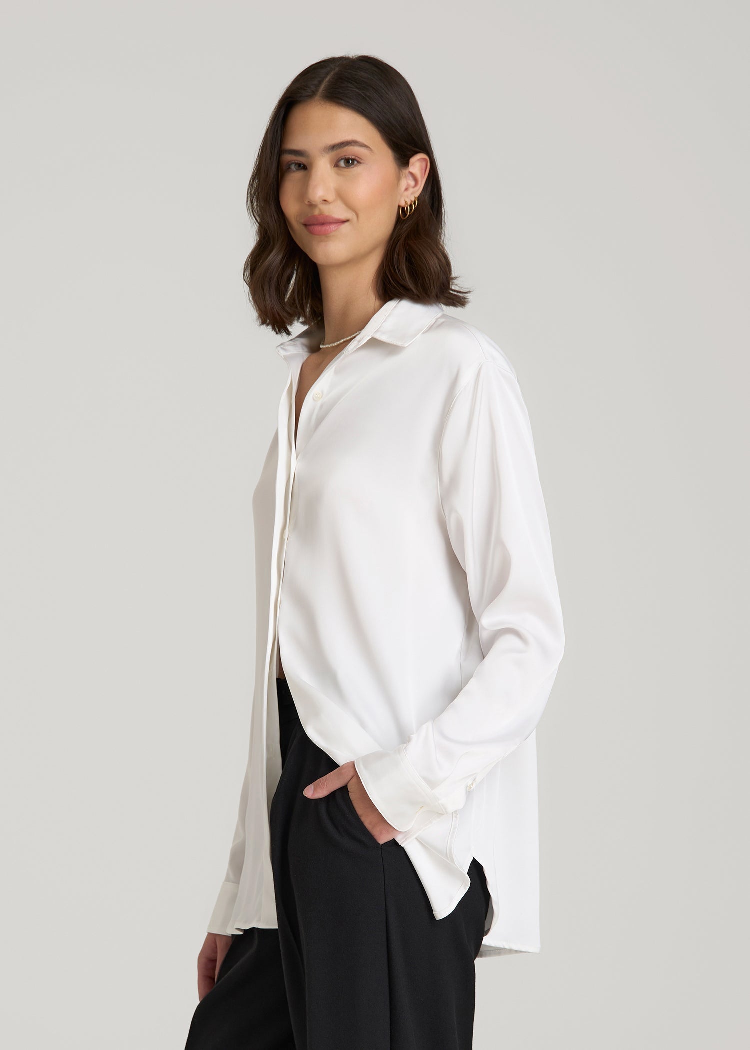 American Tall Women Relaxed Button-Up Blouse for Tall Women in Pearl White