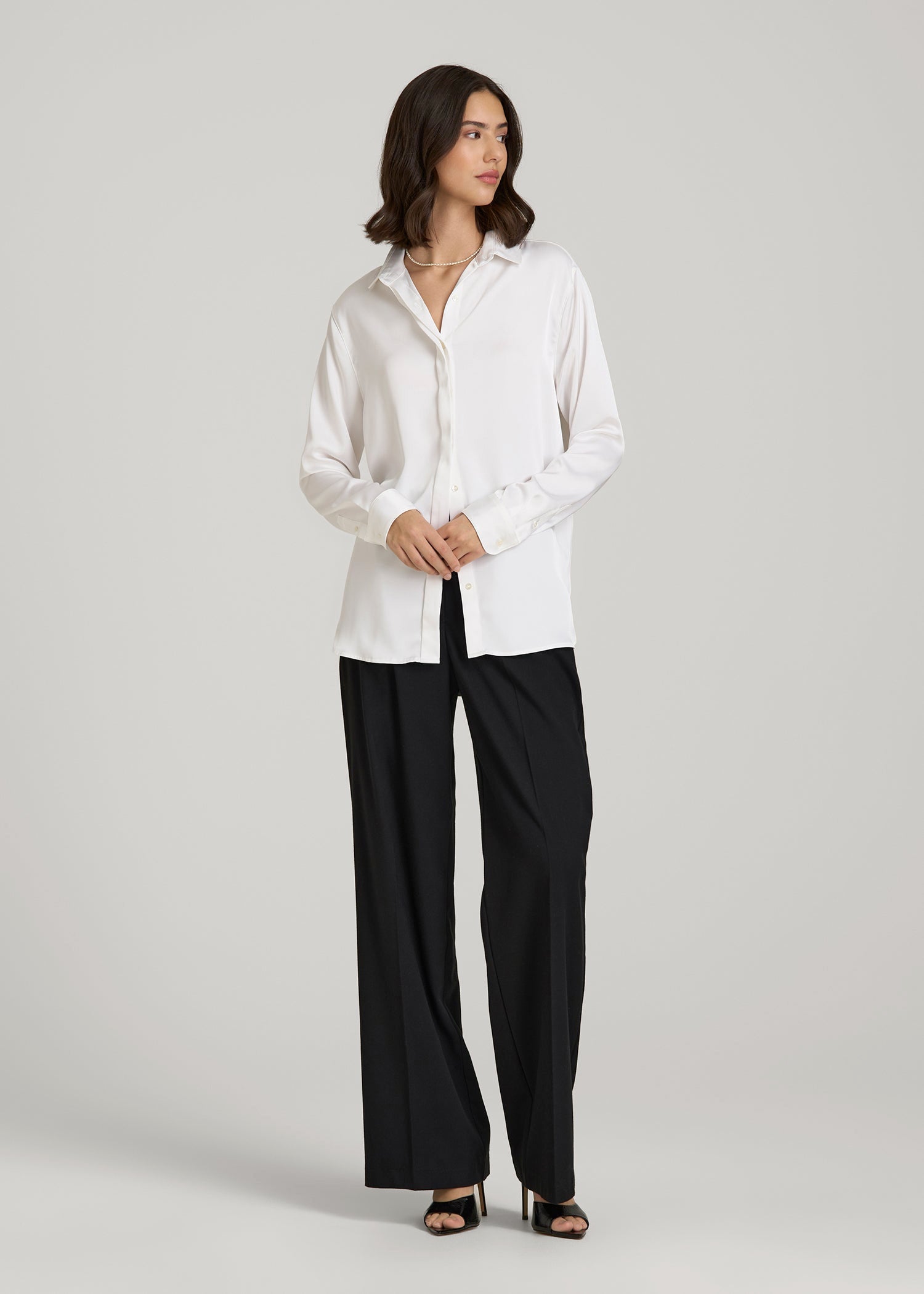 American Tall Women Relaxed Button-Up Blouse for Tall Women in Pearl White