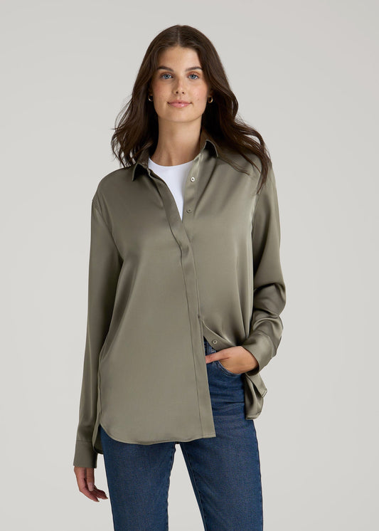 American Tall Women Relaxed Button-Up Blouse for Tall Women in Camper Green