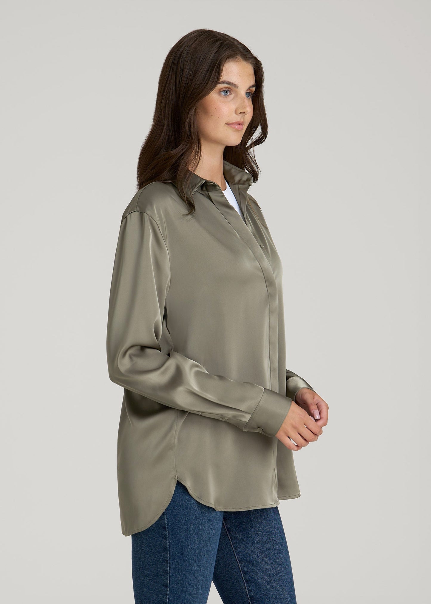 American Tall Women Relaxed Button-Up Blouse for Tall Women in Camper Green