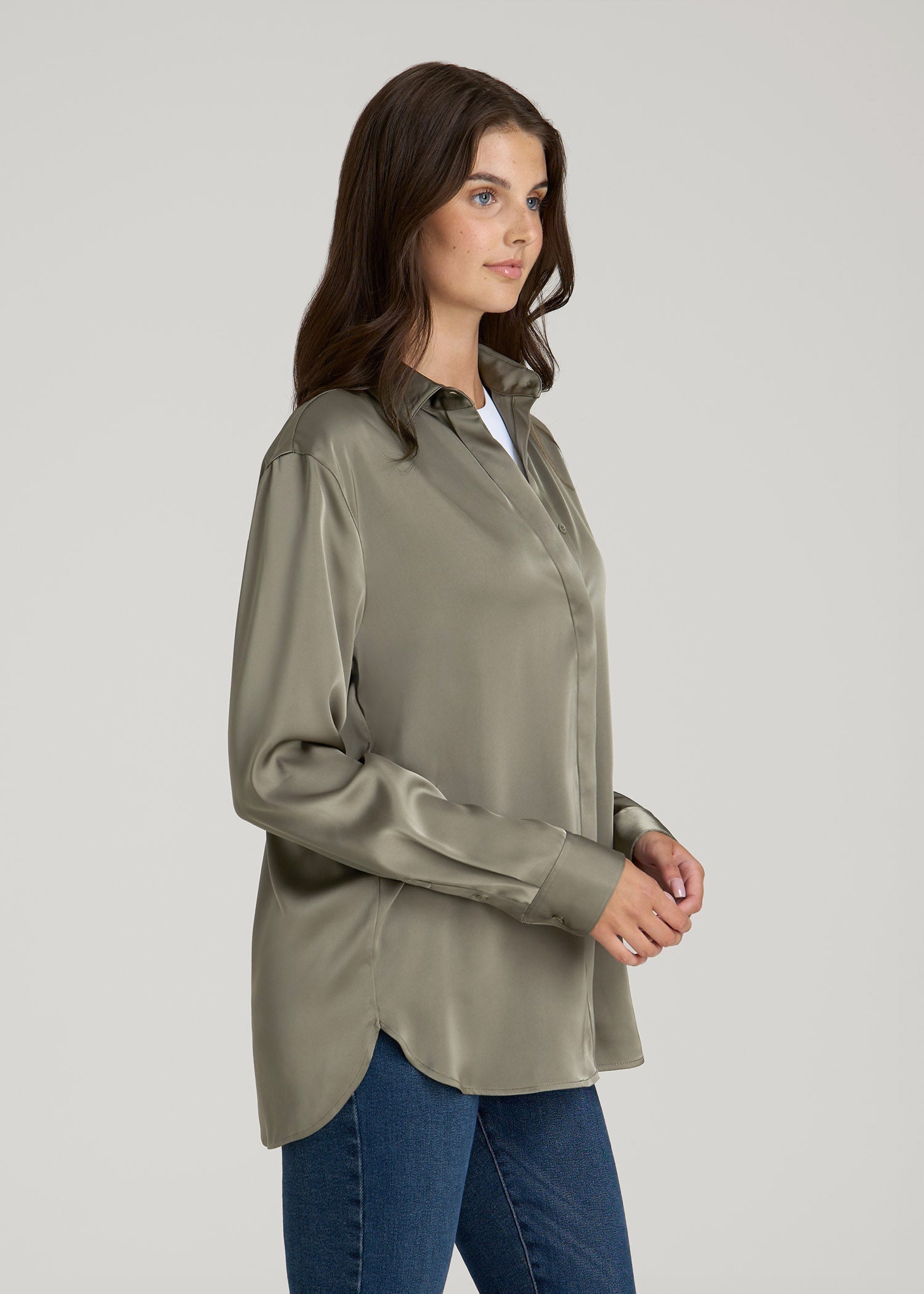 American Tall Women Relaxed Button-Up Blouse for Tall Women in Camper Green