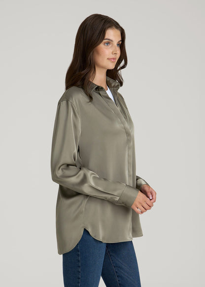 American Tall Women Relaxed Button-Up Blouse for Tall Women in Camper Green