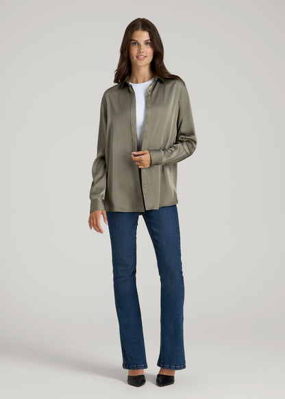 American Tall Women Relaxed Button-Up Blouse for Tall Women in Camper Green