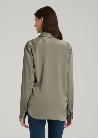 American Tall Women Relaxed Button-Up Blouse for Tall Women in Camper Green