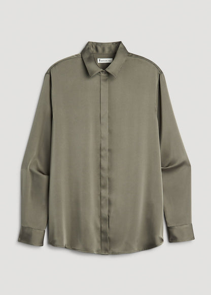 American Tall Women Relaxed Button-Up Blouse for Tall Women in Camper Green