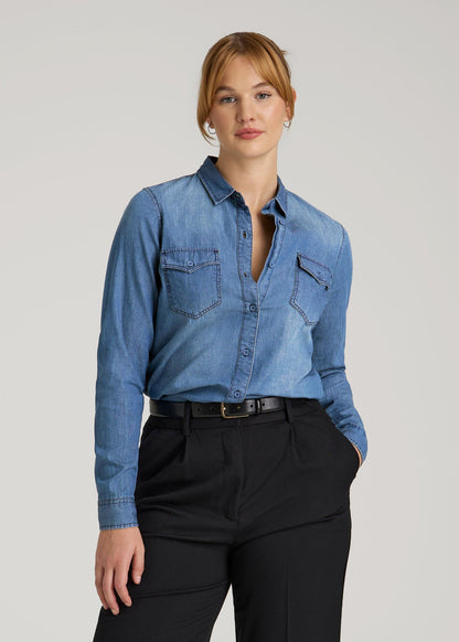 American Tall Women Denim Shirt for Tall Women in Faded Blue