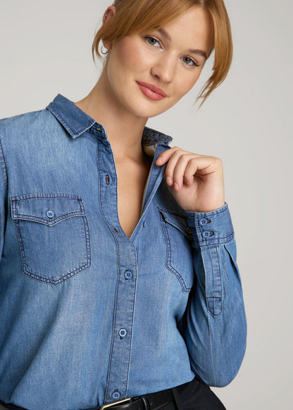 American Tall Women Denim Shirt for Tall Women in Faded Blue