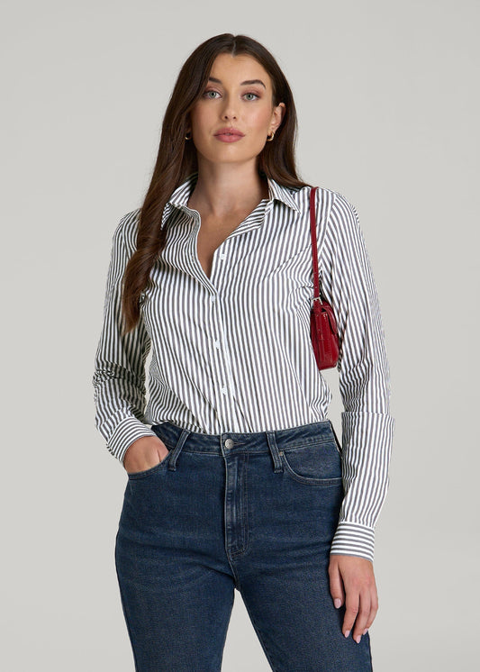 American Tall Women Slim Fit Button Up Shirt for Tall Women in Grey and White Stripe
