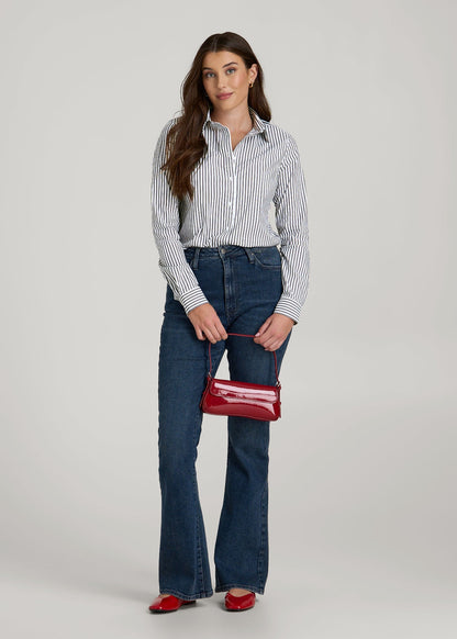 American Tall Women Slim Fit Button Up Shirt for Tall Women in Grey and White Stripe
