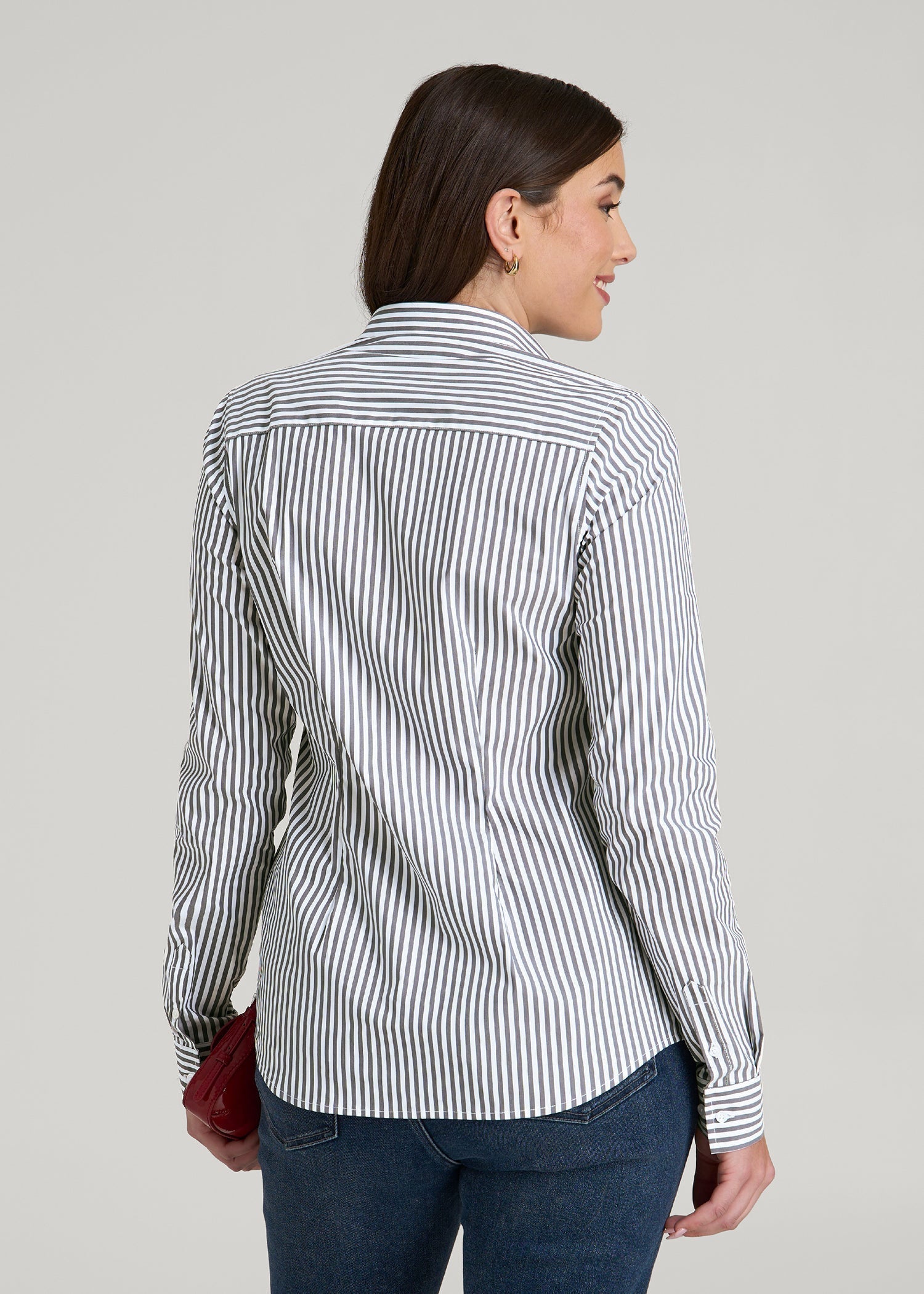 American Tall Women Slim Fit Button Up Shirt for Tall Women in Grey and White Stripe