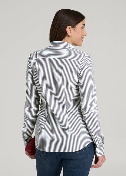 American Tall Women Slim Fit Button Up Shirt for Tall Women in Grey and White Stripe
