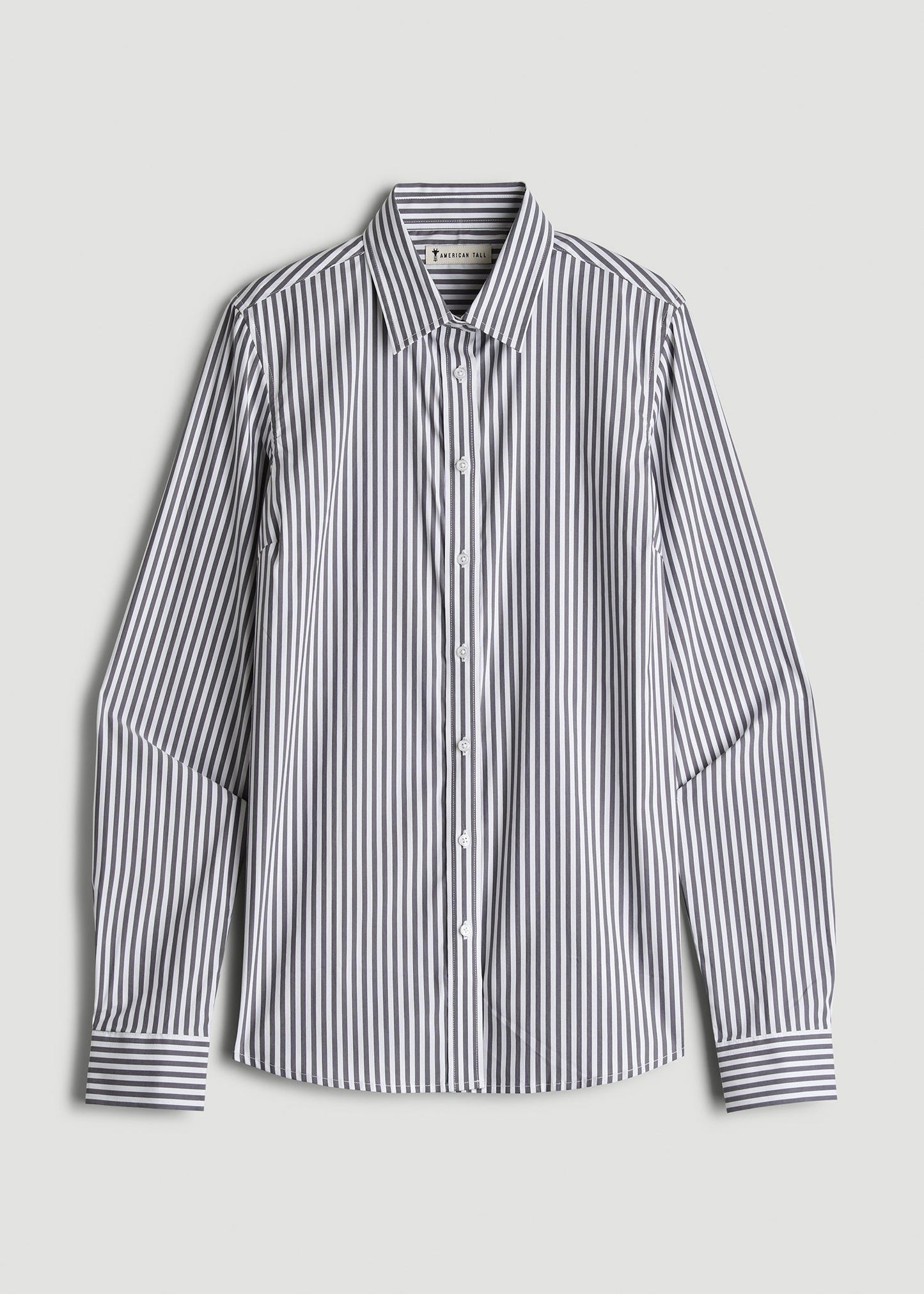 American Tall Women Slim Fit Button Up Shirt for Tall Women in Grey and White Stripe
