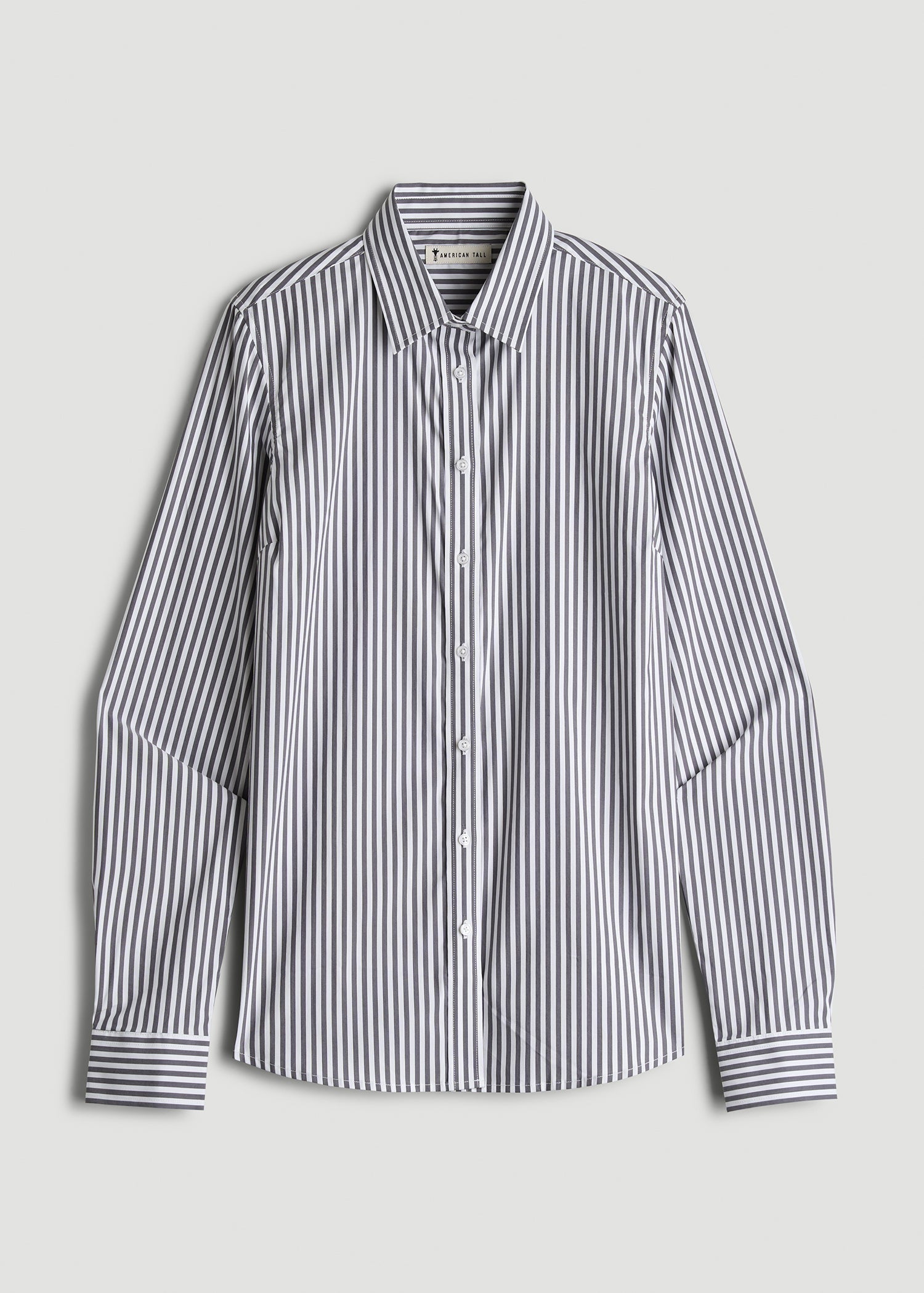 American Tall Women Slim Fit Button Up Shirt for Tall Women in Grey and White Stripe