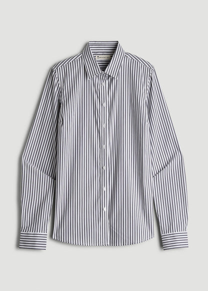 American Tall Women Slim Fit Button Up Shirt for Tall Women in Grey and White Stripe