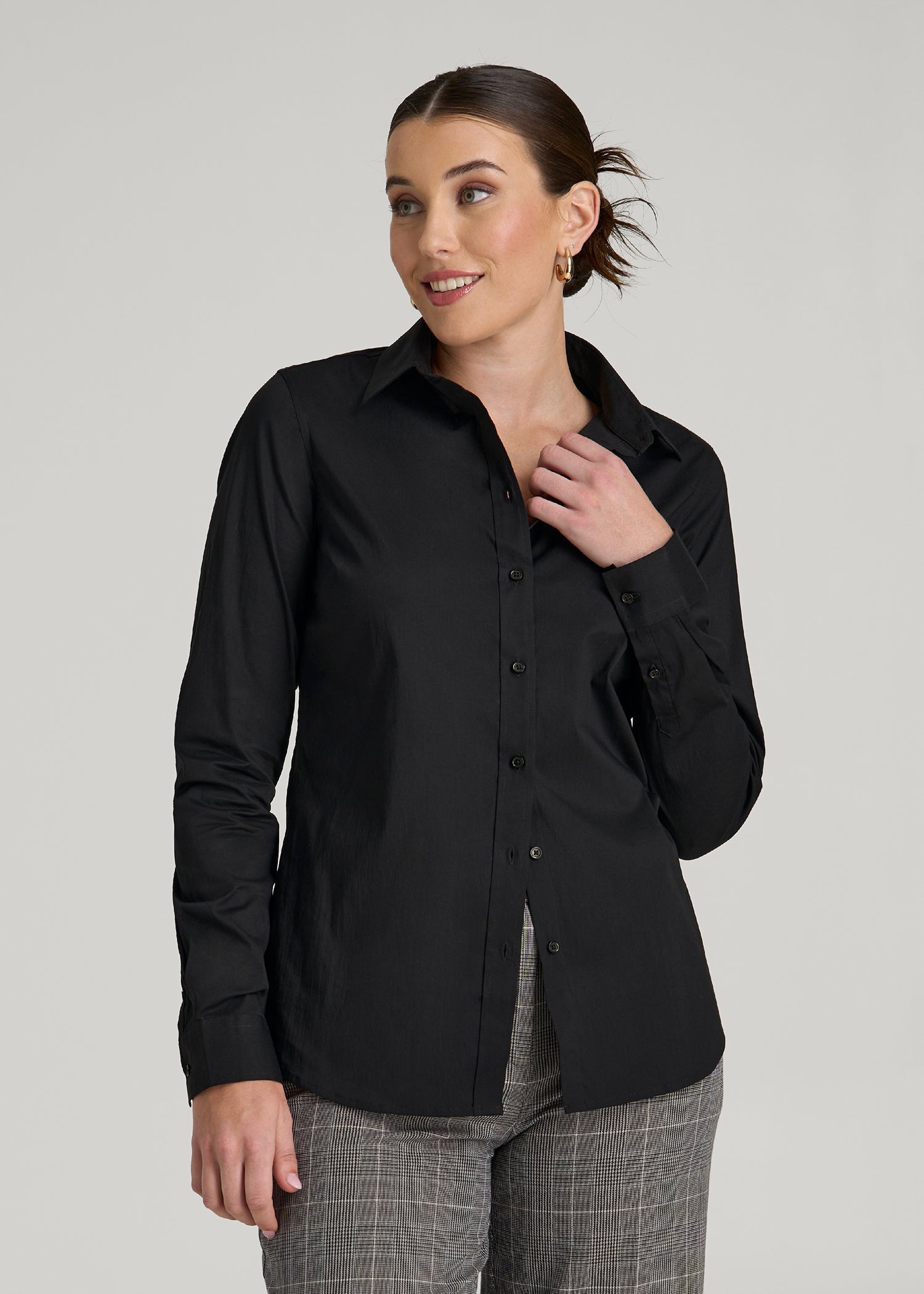 American Tall Women Slim Fit Button Up Shirt for Tall Women in Black
