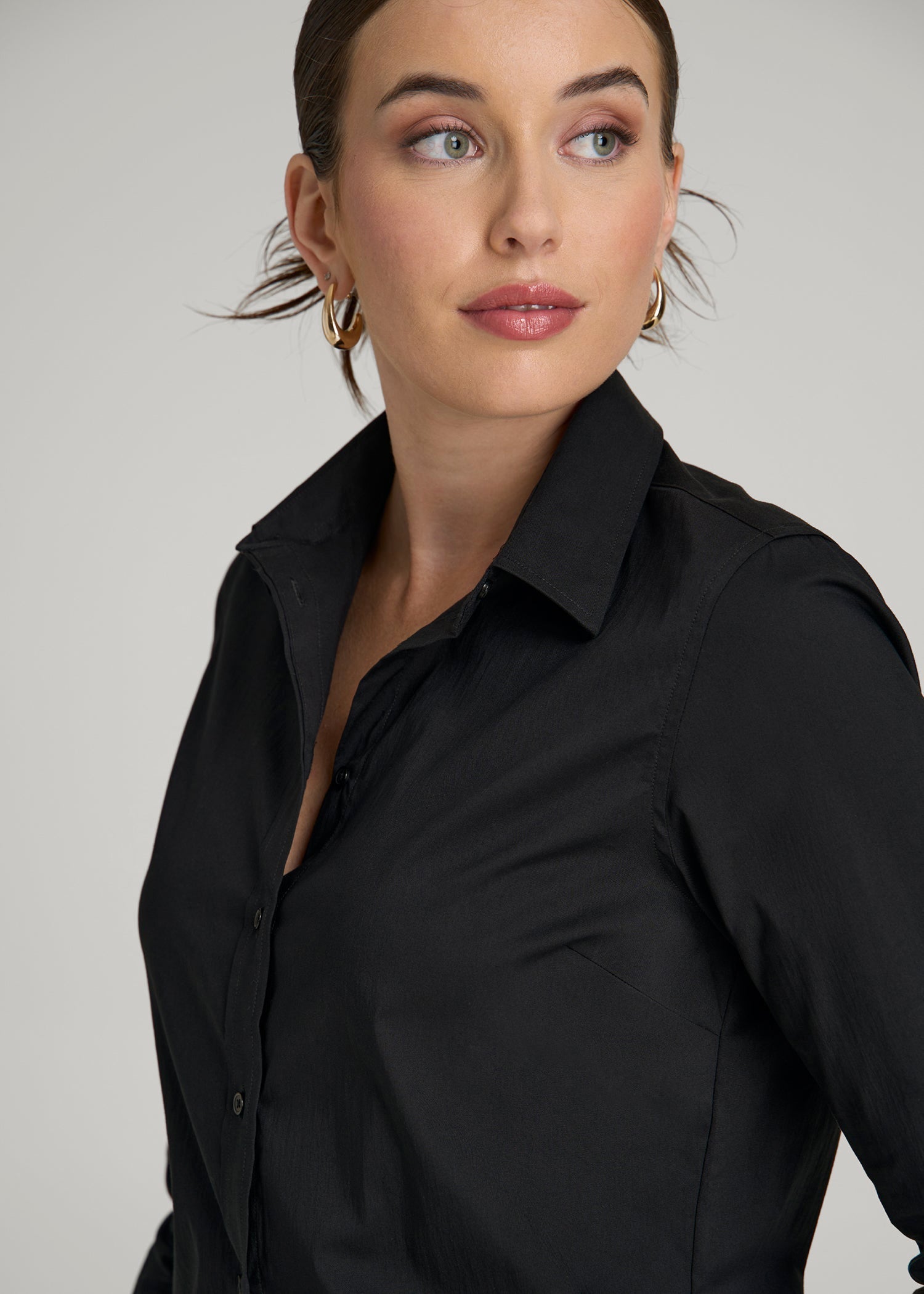 American Tall Women Slim Fit Button Up Shirt for Tall Women in Black